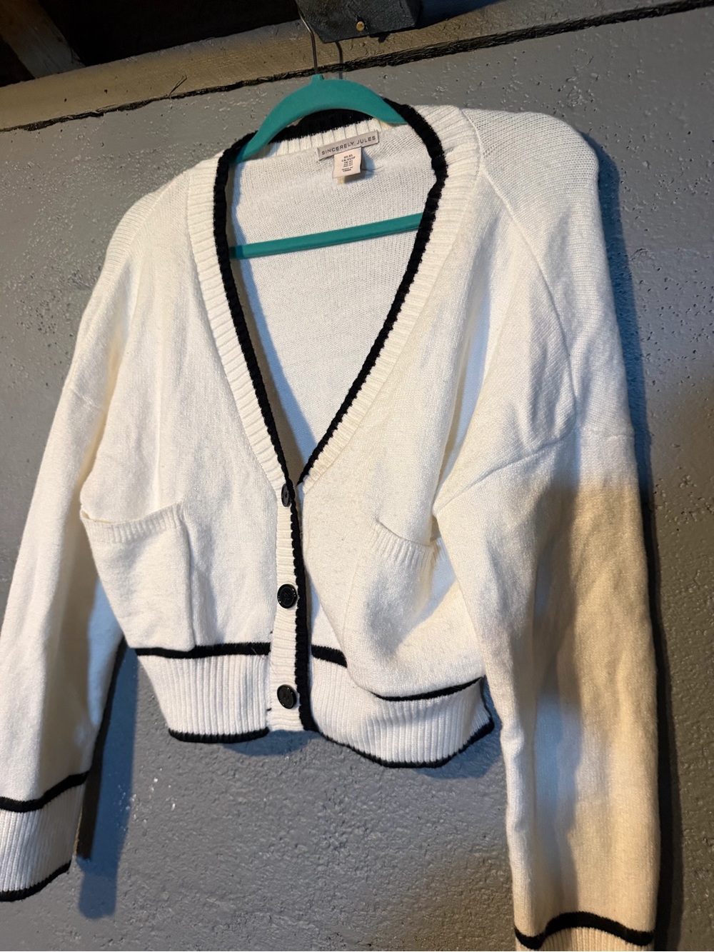 Sincerly Jules White Cropped Cardigan with Black Trim